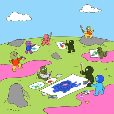 A colorful cartoon planet with a bright blue sky and fluffy white clouds. The surface of the planet is covered in various vibrant colors, including green, pink, and purple landscapes. Groups of small, whimsical aliens with big eyes and diverse shapes are scattered across the planet, each holding brushes and paint palettes. Some aliens are sitting on the ground, passionately painting scenes of their own world, while others are standing and drawing with colorful markers on large sheets of paper. One alien is perched on a rock, deep in concentration, painting a swirling galaxy. Another alien is playfully splattering paint, creating colorful patterns on the ground. The overall atmosphere is lively and creative, filled with joy and imagination.