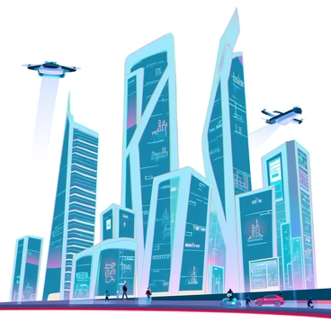 A modern cityscape featuring sleek skyscrapers and urban structures. The skyline is enhanced with futuristic architecture, showcasing buildings with smooth, flowing lines and glowing elements. The structures have large glass panels reflecting the sunlight, creating a striking contrast against the blue sky. Hovering vehicles glide between the buildings, leaving trails of light. Small drones are positioned in the air, some delivering packages. The streets below are bustling with people and automated vehicles, adding dynamism to the scene. Holographic advertisements project vibrant visuals into the air, contributing to the vibrant atmosphere.