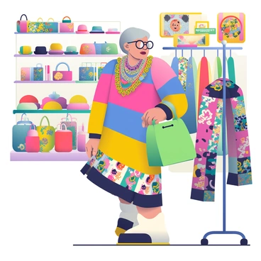 Iris Apfel, an older woman with distinctive large round glasses and short gray hair, is browsing through a quirky boutique. She is wearing a vibrant oversized multicolored sweater layered over a bold printed skirt. Around her neck, she has several chunky statement necklaces in various colors and patterns. The boutique is filled with eclectic fashion items, including colorful hats, unique handbags, and vintage accessories. There are racks of clothing with bold patterns and textures, and the walls are adorned with quirky artwork. Iris is holding a bright green handbag, leaning slightly forward as she examines a bold patterned scarf displayed nearby.