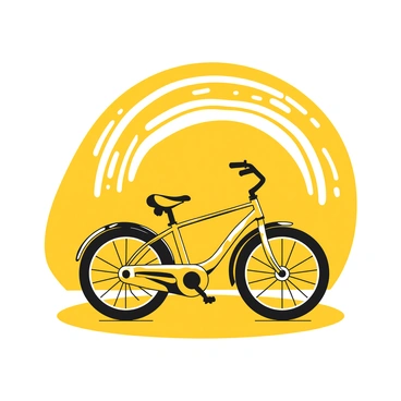 A silhouette of a bike is positioned prominently in the foreground. The bike is detailed with handlebars, a seat, and wheels, set against a backdrop of a sunset. The sky is filled with bold, sweeping lines representing various shades as the sun sinks below the horizon. The road is visible in the lower part of the image, showing a smooth, empty surface, adding to the tranquil atmosphere of the scene.