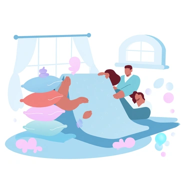 Two siblings are constructing a pillow fort in a living room. The first sibling is stacking colorful pillows and blankets, creating a sturdy base for the structure. The second sibling is draping a large, patterned blanket over the top, forming a roof for the fort. A playful assortment of plush toys is scattered around, and the floor is covered with a soft rug. Light streams in through a nearby window, illuminating the scene and enhancing the cozy atmosphere of their playful endeavor.