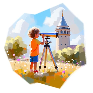 A child with curly hair and bright eyes stands on a grassy hill, peering through a telescope. The telescope is positioned on a sturdy wooden tripod, and the child is wearing a colorful t-shirt and shorts. In the background, the iconic Galata Tower rises prominently against the sky, its stone walls reflecting the sunlight. The scene captures the child's expression of wonder, as they gaze intently through the telescope, with trees and wildflowers scattered across the hill, adding vibrancy to the setting.