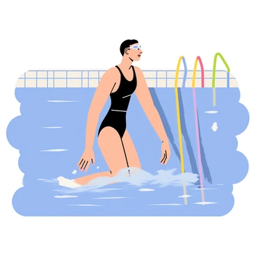 A swimmer stands at the edge of a bright blue swimming pool, preparing to dive. The swimmer is wearing a sleek swimsuit and has a pair of clear goggles pushed up on their forehead. Their expression shows a strong sense of determination, with their eyes focused ahead. Water glistens at the pool's surface, reflecting the sunlight. The swimmer's body is poised with one foot slightly raised, ready to leap into the water. The background features tiled edges of the pool and a few colorful lane ropes.