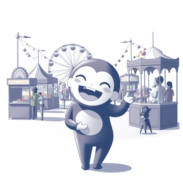 A Shugao figure is standing with a joyful expression, surrounded by carnival festivities. The figure has distinct features, including a detailed face wearing a broad smile. In the background, various carnival rides are visible, including a Ferris wheel and a carousel, all meticulously designed. Colorful game booths line the sides, each adorned with bright signage that invites participants. The atmosphere is lively, with balloons and streamers decorating the area, creating a festive environment. The ground is bustling with people engaged in games and enjoying the attractions.
