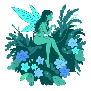 A fairy with dark wings perched on a branch, surrounded by bioluminescent flora