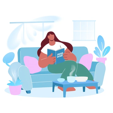 A woman with long hair is seated comfortably in a bright living room, surrounded by soft, pastel colors. She is holding a humorous book open in her lap, and her body language suggests enjoyment. The living room features a cozy couch with colorful cushions and a small coffee table beside her, which has a steaming mug placed atop it. Sunlight is pouring through a large window, illuminating the room and creating a warm atmosphere. A few potted plants can be seen in the background, adding a touch of greenery to the scene.