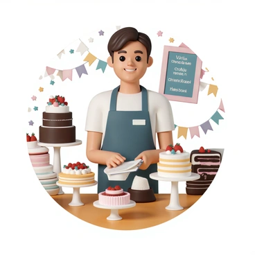 A staff member, wearing a dark blue apron and a name tag, stands behind a shiny wooden counter filled with an array of beautifully decorated cakes. The cakes are displayed on elegant stands, showcasing various colors and designs, including a chocolate ganache cake, a vanilla sponge cake with fresh strawberries, and a red velvet cake with cream cheese frosting. The staff member has a friendly smile, with short brown hair neatly styled, and is holding a small notepad and pen, ready to take orders. The background features colorful cake decorations and a chalkboard menu displaying the shop's offerings.