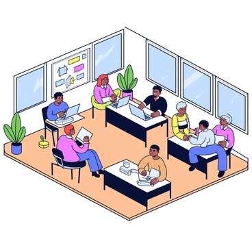 A modern shared office space featuring several desks arranged in an open layout. There are diverse teams from different companies collaborating at these desks, each team engaged in discussions and working on laptops. Large windows allow natural light to fill the room, casting shadows on the polished wooden floor. A whiteboard with colorful notes and diagrams is mounted on one wall, and a few potted plants decorate the corners of the space, adding a touch of green.