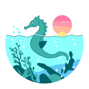 A teal seahorse is gliding gracefully through ocean waters that are tinted with shades of soft orange and pink from the rising sun. The water is clear, allowing visibility of small bubbles rising gently around the seahorse. The sunlight filters through the surface, casting a warm glow on the seabed. Delicate seaweed sways gently in the water, adding texture to the scene. The seahorse's fins are spread wide, creating an elegant silhouette against the colorful backdrop.