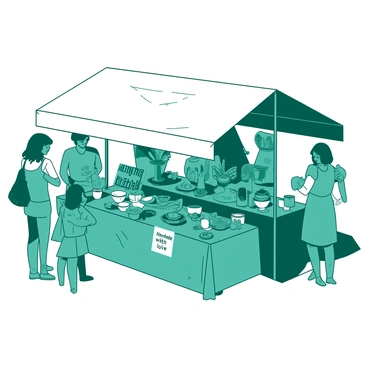 A teal stall is set up at an outdoor fair, showcasing an array of handmade crafts and trinkets for sale. The stall is covered with a white canopy that flutters gently in the breeze. Various items are neatly arranged on tables, including colorful hand-painted pottery, intricate wooden carvings, and delicate woven textiles. Small decorative signs display the prices of each item, with some featuring quotes like "Handmade with love." Nearby, a few fairgoers are browsing the crafts, admiring the unique designs. The atmosphere is lively, filled with the sounds of laughter and chatter from other stalls around.