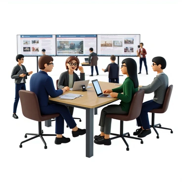 A journalist with short brown hair, wearing a blue blazer and glasses, is sitting at a modern desk with a microphone in front of them. Across from the journalist is a guest with long black hair, dressed in a green sweater. They are engaged in conversation, with papers and a digital tablet placed on the desk. In the background, multiple screens display news headlines and images, while colleagues are seen walking by, some on phone calls and others typing on laptops. The atmosphere is lively and filled with activity, emphasizing the busy nature of the newsroom.