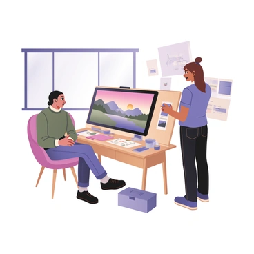 A female artist stands on the right side of the image, focused on her work. She has medium skin and long brown hair tied in a loose bun. She is wearing a blue t-shirt and black jeans. On the left, a client with light skin and short black hair sits in a chair, dressed in a green sweater and blue pants. The client is nodding and looking at the screen with interest. The digital illustration displayed on the monitor shows a colorful landscape with mountains and a sunset. The room is filled with art supplies scattered around, including brushes and sketchbooks, while a large window lets in natural light. The atmosphere conveys a sense of collaboration and creativity.