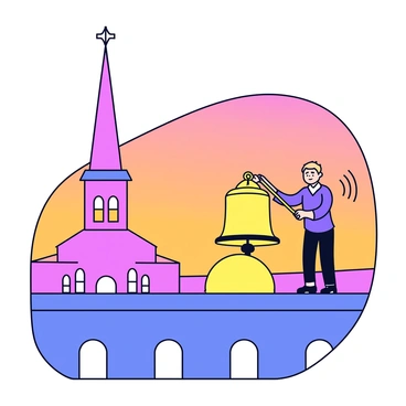 A church tower with a tall spire is silhouetted against a vibrant sunset sky, featuring shades of orange, pink, and purple. A servant in a simple dark outfit stands on a balcony near the top of the tower, pulling on a thick rope attached to a large, round bell. The bell has a shiny, polished surface and hangs prominently in its frame. The servant's expression is focused as they ring the bell, which emits visible sound waves radiating outward. The tower is adorned with small windows, and the sun is setting just beyond the horizon, casting a warm glow on the scene.