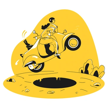 A moped rider in a black helmet and a yellow jacket is perched on a yellow moped, looking startled as they hit a large pothole in the road. The moped leans to one side, with the rider's arms flailing as they attempt to regain balance. The road is depicted with visible cracks and dirt, while the surrounding area features sparse vegetation and a few scattered pebbles. The rider’s pants are dark, contrasting with the bright jacket, and there is a sense of motion captured in the rider's posture.