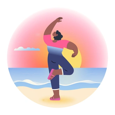 A dancer with an elongated figure is positioned on a sandy beach, creating a striking silhouette against a vibrant sunset sky. The sun is low on the horizon, casting a warm orange and pink glow that bathes the scene in soft light. The dancer's arms are gracefully extended, and one leg is raised, capturing a dynamic pose. Gentle waves lap at the shore, and a few wispy clouds are scattered across the sky, reflecting the sunset colors. The beach is empty, providing an unobstructed view of this serene moment.