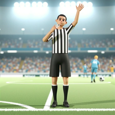 A referee, wearing a black and white striped shirt, black shorts, and black shoes, is standing on a vibrant green soccer field. He is blowing a whistle with his lips pursed, and his eyes focused on a player nearby. One of his arms is raised, signaling a penalty, with his hand open and palm facing upward. The bright stadium lights illuminate the scene, and a crowd of blurred spectators in the background is watching intently. The grass is well-maintained, and white chalk lines mark the boundaries of the field.
