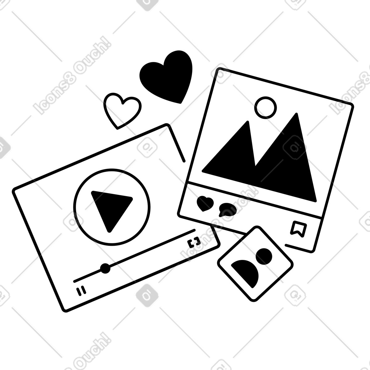 Social media post icons with video and image, Content engagement reactions illustration in Weekday style download in PNG, SVG