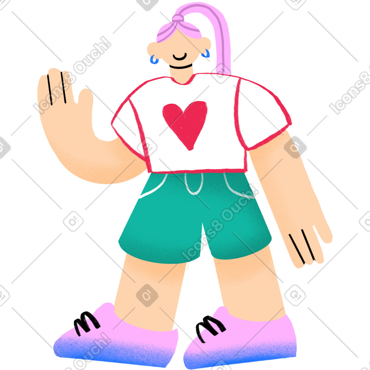 Woman walking and waving in a tshirt with heart illustration Bonny style download PNG, SVG