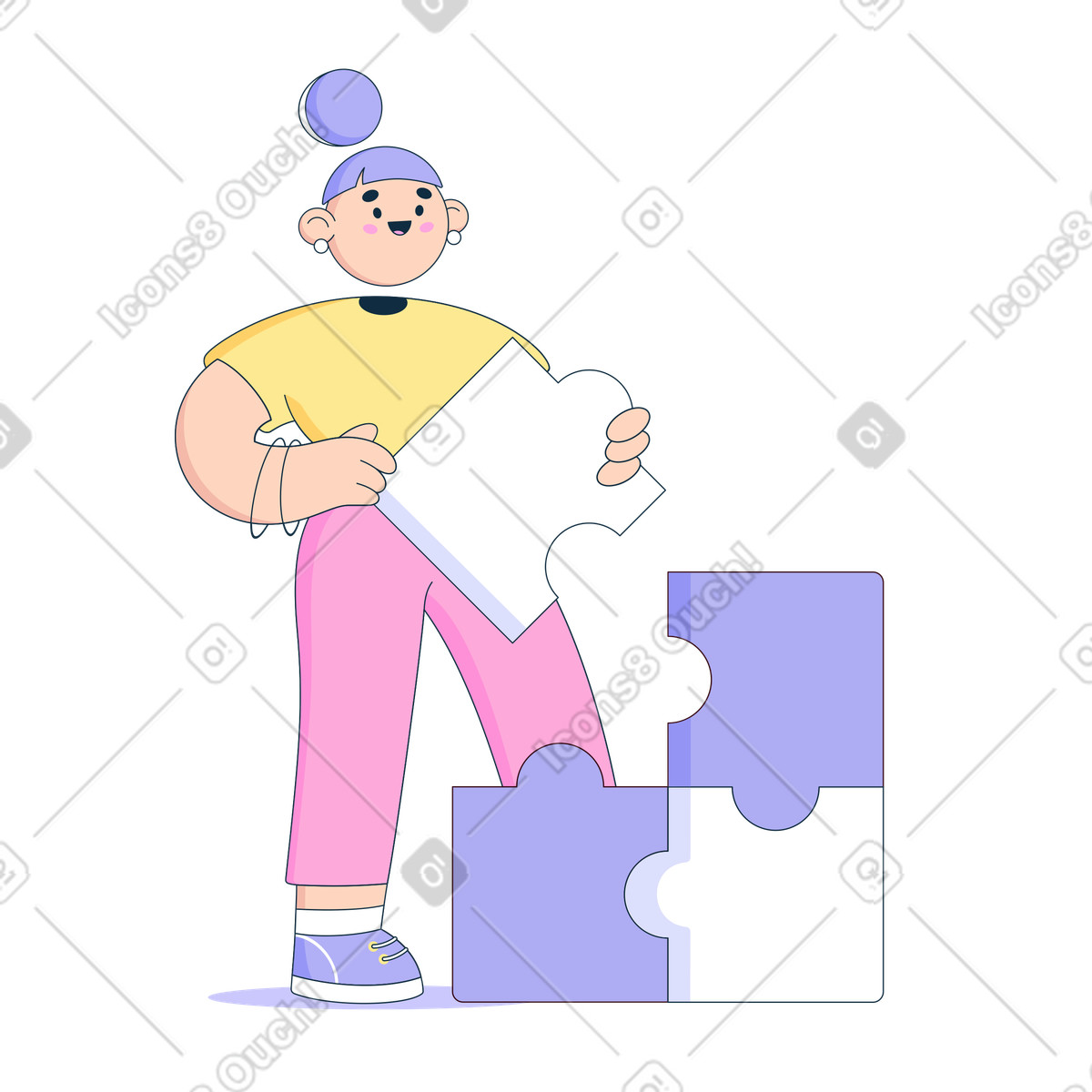 Bubble gum スタイルの 女性はパズルを解いています のイラストをPNG、SVG形式でダウンロード