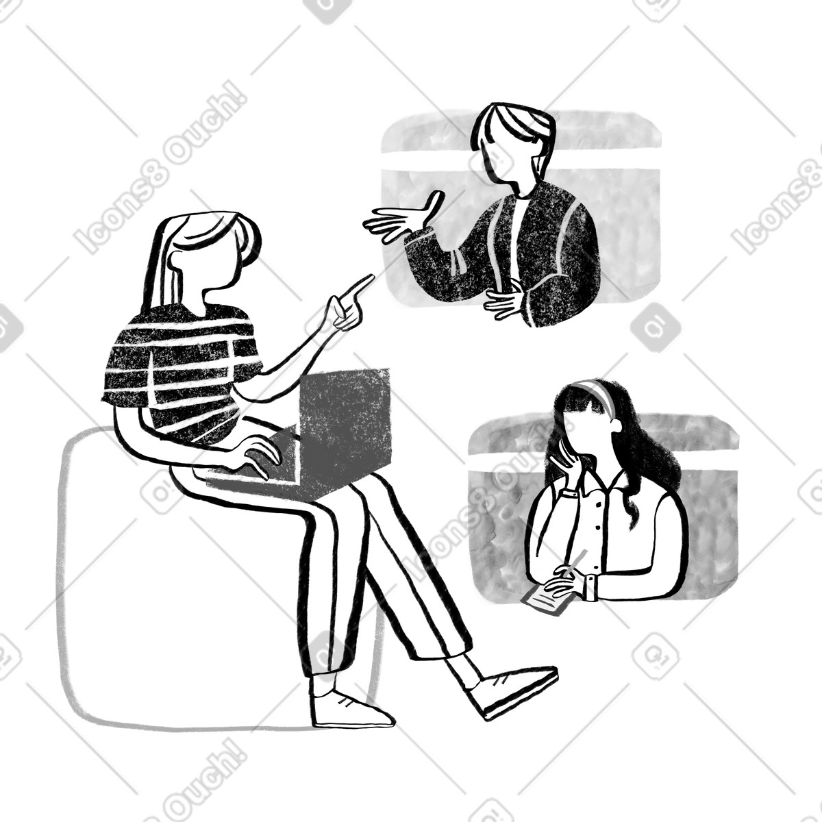 Black and white three people having work video conference illustrazione in stile Company scarica in PNG, SVG