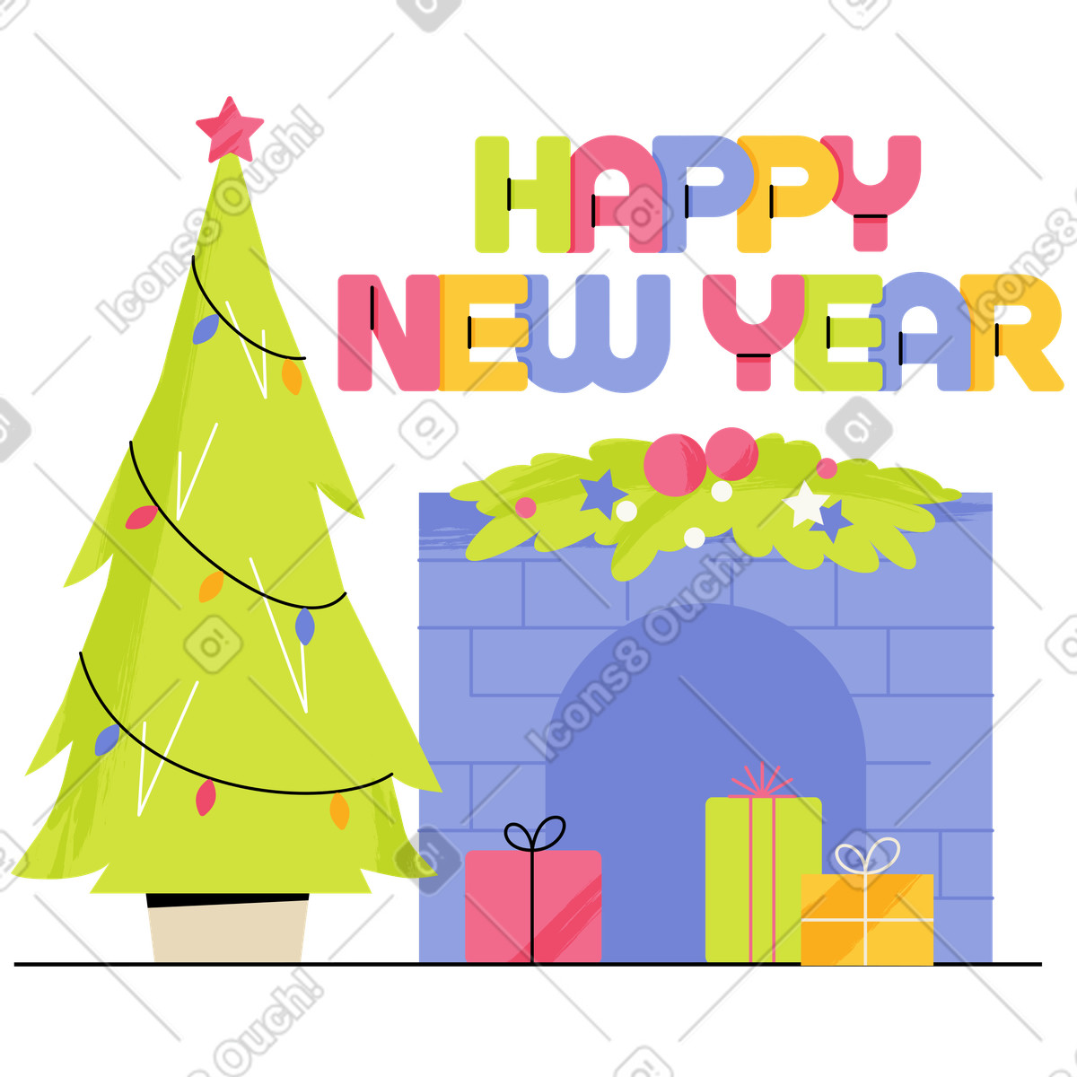 Ilustração de Year-end holiday interior with tree and gifts, Festive season em no estilo Juicy para baixar em PNG, SVG