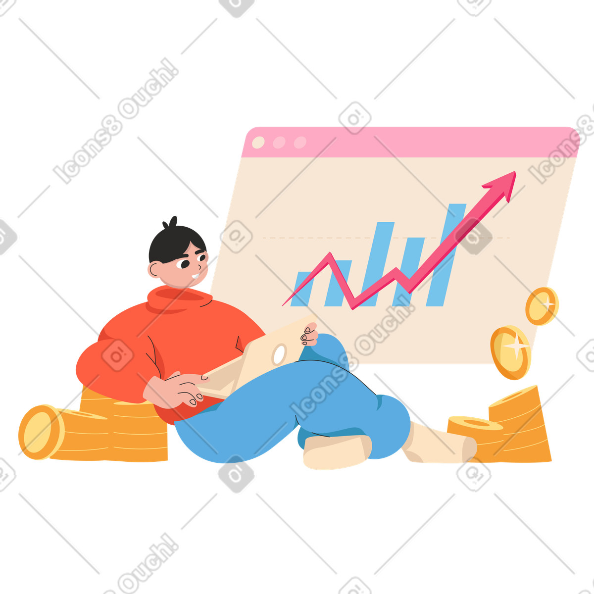 Uomo con un computer portatile che guarda grafico della crescita degli investimenti illustrazione animata in stile Dizzy scaricabile in GIF, Lottie (JSON), AE