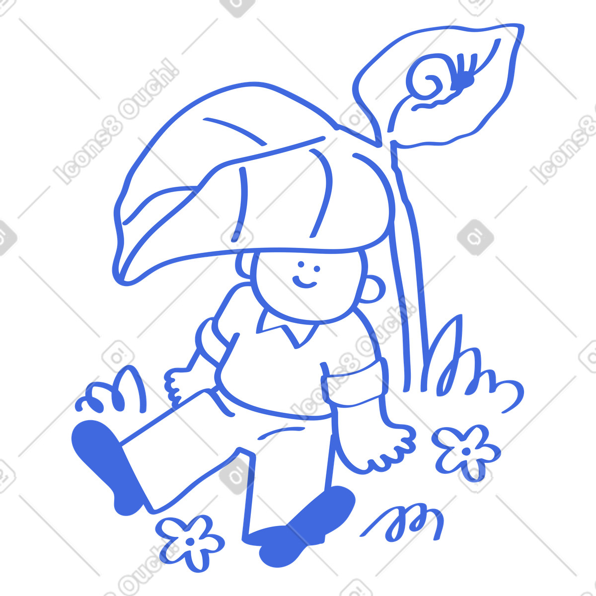Ilustración Nature relaxation character sitting under large leaf surrounded by grass en estilo Ballpoint Pen a descargar en PNG y SVG
