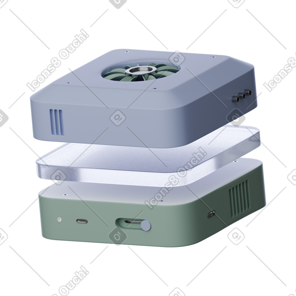 Violet and green modular power strip stack, Extension socket blocks, Electrical device render illustration in 3D Product style download in PNG, SVG
