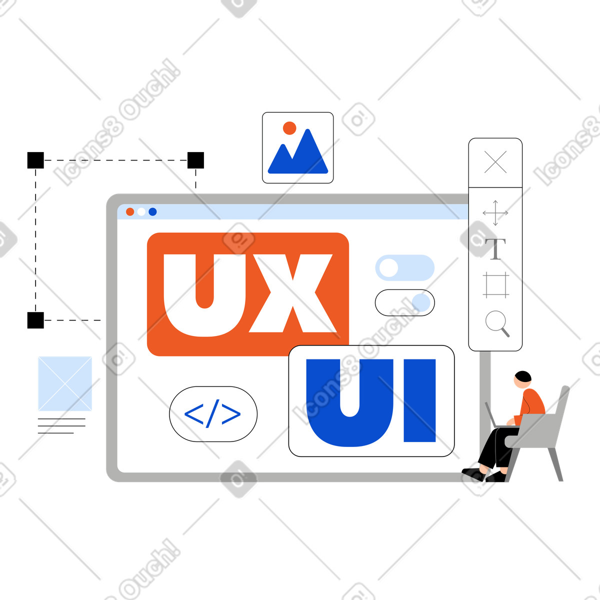 Browser window with UX UI lettering and toolbar, Web design workflow interface customization illustration in Tiny style download in PNG, SVG