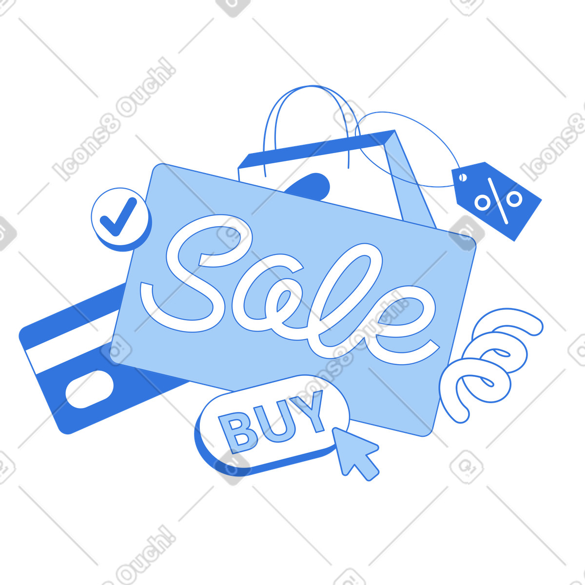 Sale sign with online interface elements, Digital marketing and sales illustrazione in stile Sky scarica in PNG, SVG