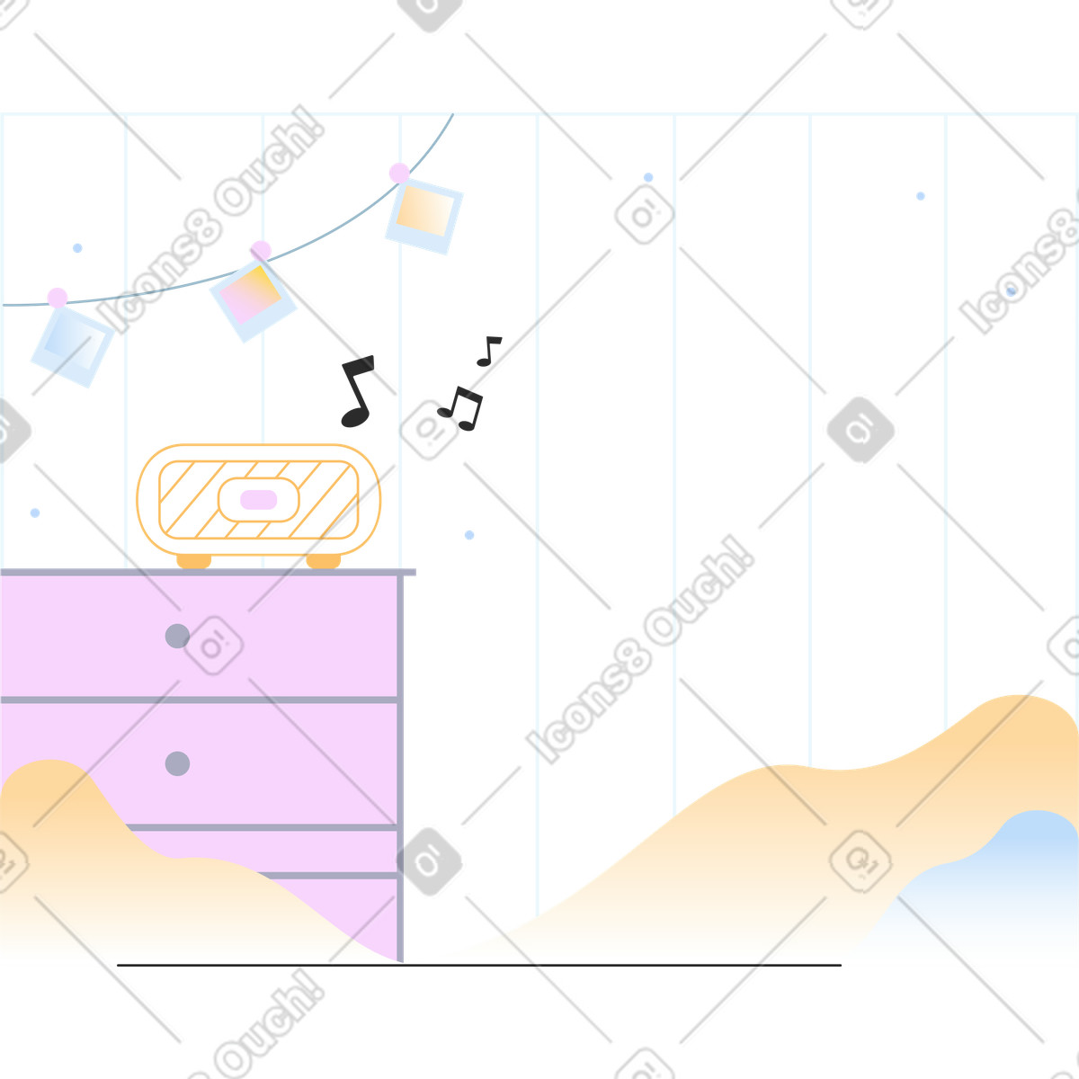 Illustration Striped background with table and radio dans le style Marginalia à télécharger aux formats PNG, SVG