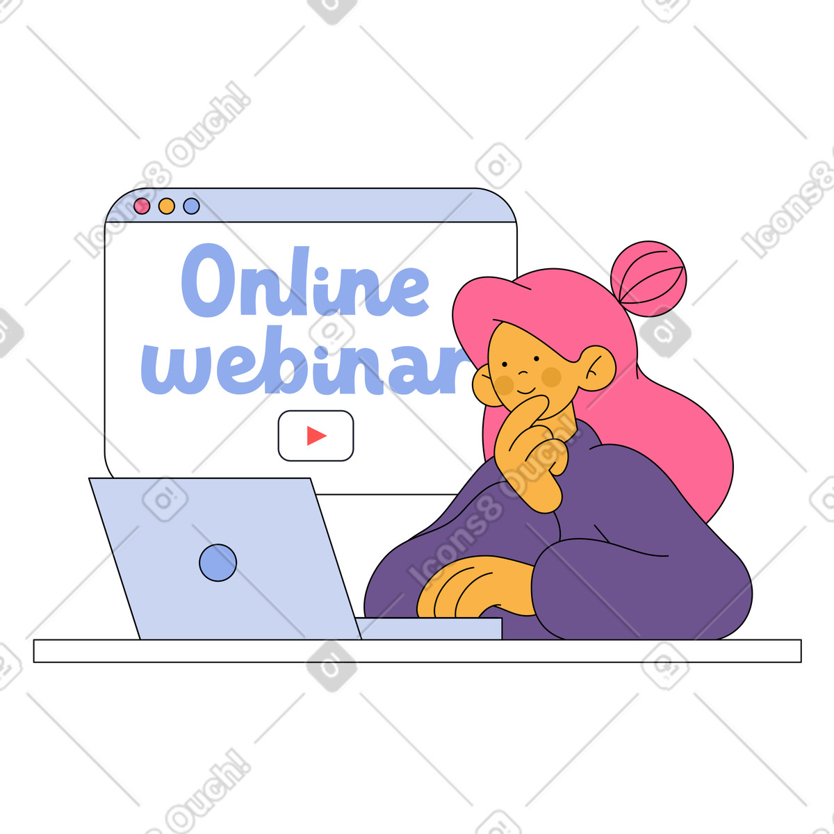Lettering online webinar and a girl with a laptop illustration in Bloom style download in PNG, SVG