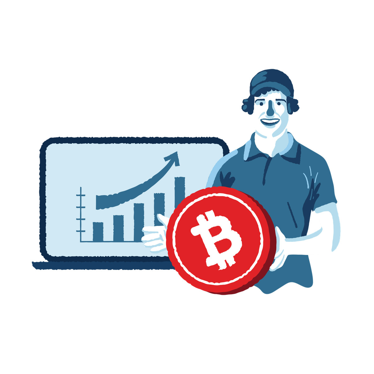 下载 Cherry 风格的 Crypto investor presenting bitcoin in front of financial growth chart, Cryptocurrency analytics or trading 插画，支持 PNG、SVG 格式