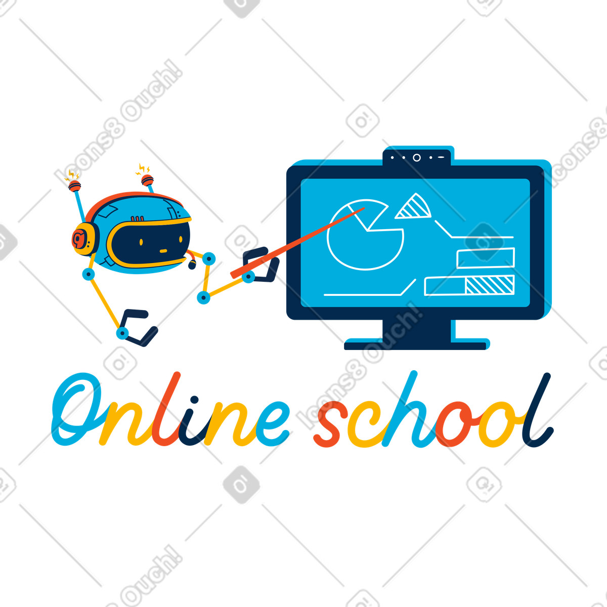 Online school lettering under the robot pointing to chart on computer illustration in Flame style download in PNG, SVG