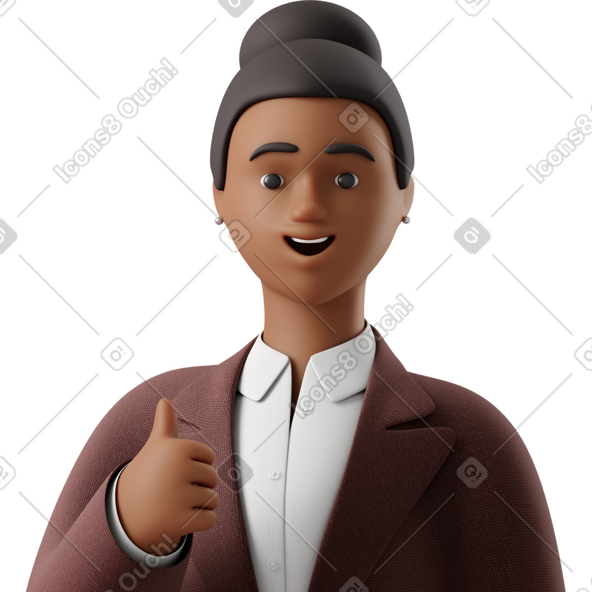 3D Business スタイルの Close up of black businesswoman in brown suit showing thumbs のイラストをPNG、SVG形式でダウンロード