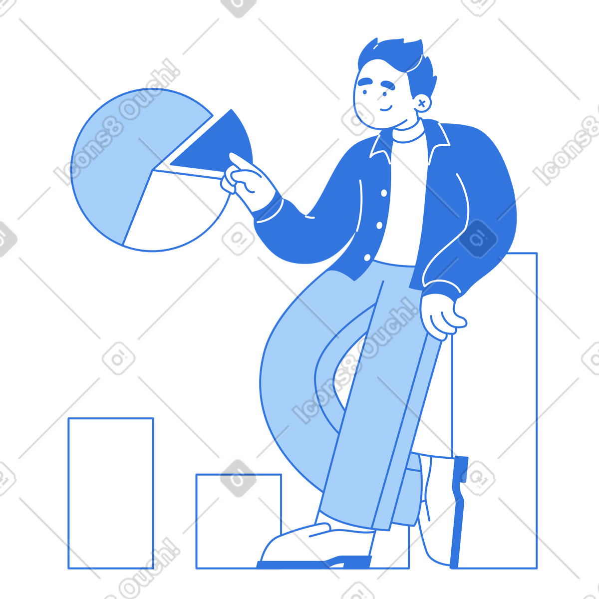 Ilustração de Analyst with segmented chart and columns, Business statistics reporting em no estilo Sky para baixar em PNG, SVG