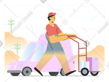 Delivery man coming with boxes from a car PNG, SVG