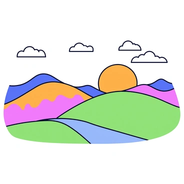 A vibrant sunset landscape features rolling hills under a bright sky. The sun is low on the horizon, casting warm shades of orange, pink, and purple. The hills are gently curved and have varying shades of green, with some areas reflecting the sunset colors. A few fluffy clouds scattered across the sky catch the light, creating a soft glow. A winding path leads through the hills, giving a sense of depth and movement in the scene.