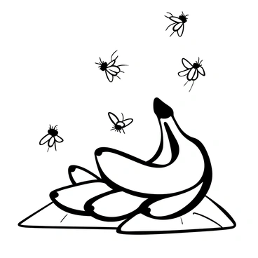 A cluster of ripe bananas sits on a wooden surface, with several fruit flies buzzing around it. The flies are depicted in various positions, some hovering close to the bananas while others are in mid-flight. The bananas have a textured surface, showcasing their natural curves and slight imperfections. The scene captures the dynamic movement of the flies as they flit in and out of the composition.