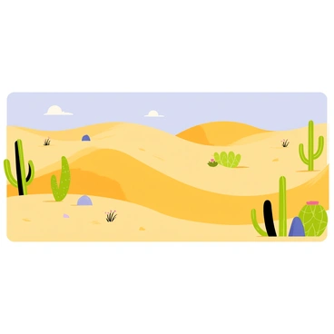 A large bar wall featuring a detailed illustration of a desert landscape. The scene includes rolling golden sand dunes extending into the horizon, with a clear blue sky above. A variety of green cacti are scattered throughout the landscape, some tall and slender while others are short and round. Sunlight casts soft shadows on the dunes, highlighting their curves and textures. Small rocks and desert flowers add color to the sandy environment. The overall composition captures the essence of a serene desert atmosphere.