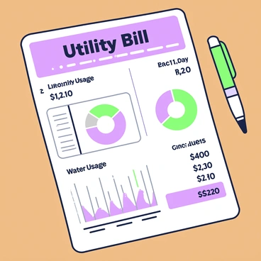 A utility bill is displayed prominently on a wooden table. The bill features a header with the words "Utility Bill" in bold text. Below the header, there is a section titled "Electricity Usage" that includes a breakdown of costs, with numbers indicating kilowatt hours consumed and a total amount due. Beside this section, there is another titled "Water Usage" that lists the gallons used along with its associated cost. Throughout the bill, there are various graphical elements, such as pie charts representing usage distribution and a line graph showing usage trends over the last few months. A pen lies next to the bill, adding to the scene.