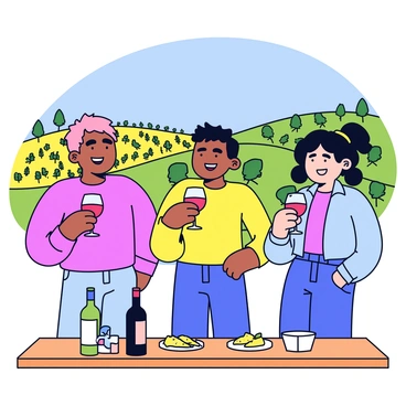 A group of three friends standing together, each holding a glass of red wine. They are smiling and laughing, wearing casual clothing. In the background, there are rolling hills covered with grapevines under a clear blue sky. A rustic wooden table is set nearby with a few wine bottles and a small cheese platter.