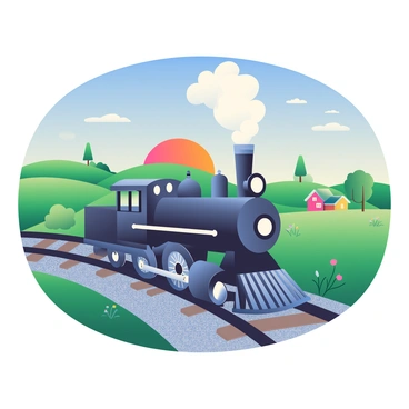 A vintage steam locomotive with a shiny black exterior is chugging along a countryside track. The locomotive has large, polished wheels and a prominent smokestack from which thick clouds of white smoke are billowing into the clear blue sky. The surrounding landscape features rolling green hills dotted with wildflowers and a few trees swaying gently in the breeze. In the distance, a quaint farmhouse can be seen, framed by a vibrant sunset that casts warm hues across the scene. The track is composed of sturdy wooden ties and gravel, winding through the picturesque countryside.