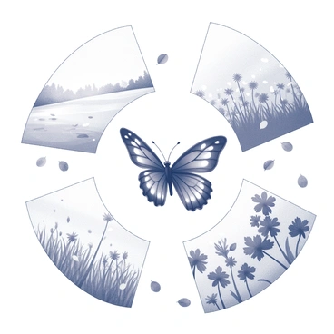 A butterfly fluttering gracefully in the center of the image, with its wings fully extended. Surrounding the butterfly are distinct sections representing the four seasons. On one side, a snowy landscape with delicate snowflakes falling gently, small patches of ice glistening on the ground. Adjacent to this, a vibrant spring scene filled with blooming flowers, fresh green grass, and budding trees. Next, a summer setting showcases lush foliage, with bright sun rays shining down and flowers in full bloom. Finally, a tranquil autumn area is depicted with falling leaves in varying shapes and sizes, showcasing intricate details of the leaves’ textures. Each seasonal section is clearly defined, creating a harmonious composition around the butterfly.