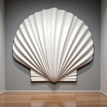 A giant scallop shell sculpture, crafted from smooth white marble, is prominently displayed in an art gallery. The shell features intricate curves and textures that highlight its natural beauty. Soft lighting illuminates the sculpture, creating gentle shadows that enhance its three-dimensional form. The surrounding gallery walls are a muted color, allowing the marble shell to stand out as a focal point. A polished wooden floor reflects the light, adding warmth to the scene.