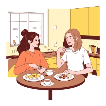 A warm yellow kitchen filled with natural light from a window, casting soft shadows across the room. Two friends are sitting at a round wooden table, enjoying cups of tea. One friend has long brown hair tied in a loose bun, wearing a cozy orange sweater, while the other has short blonde hair, dressed in a casual white t-shirt. On the table, there is a plate with assorted snacks, including cookies and fruit. The background features wooden cabinets and a small plant on the windowsill, adding to the cozy atmosphere of the Wednesday evening.