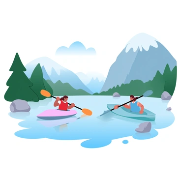 A pair of kayakers in brightly colored kayaks are paddling through a mountain lake surrounded by towering cliffs and lush greenery. The water is calm, reflecting the clear blue sky and the peaks of the mountains. One kayaker is wearing a red life vest and the other is in a blue one, both actively maneuvering their kayaks with paddles. Pine trees line the edges of the lake, and a few scattered rocks can be seen partially submerged in the water. 