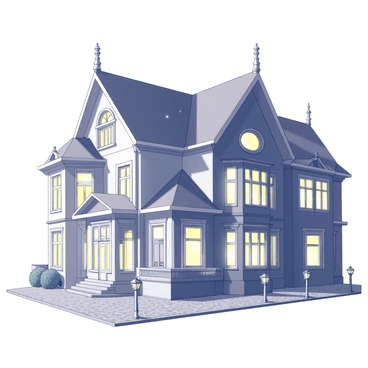 The elegant and mysterious Seamstress Guild House lit up at night