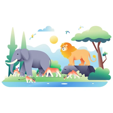 A vibrant scene shows a variety of wildlife in their natural habitat. In the foreground, a large, powerful lion with a golden mane stands proudly on a rocky outcrop, surveying the landscape. Nearby, a herd of graceful gazelles grazes on the lush green grass, their slender bodies in motion. To the left, a majestic elephant with large ears and a long trunk is gently drinking from a clear blue lake. In the background, tall trees and bushes frame the scene, while colorful birds soar in the bright blue sky. The sun casts a warm glow over the landscape, highlighting the beauty of nature.