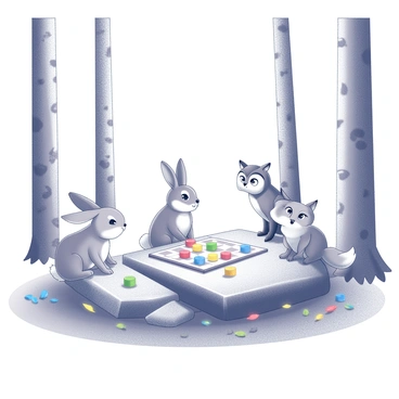 A variety of animals gathered in a forest clearing around a large, flat rock. The scene includes a curious rabbit, a wise owl perched nearby, and a playful fox sitting on its haunches. The animals are engaged in a board game, with several colorful game pieces scattered across the rock. The rabbit leans forward, its ears perked up in concentration, while the fox looks excited, its tail wagging. The owl observes from its perch, considering its next move, with a thoughtful expression. Surrounding them are tall trees with textured bark and a carpet of leaves on the forest floor creating a natural setting for their gathering.